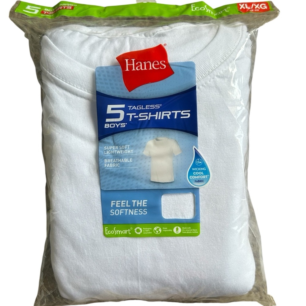 NEW Hanes EcoSmart Tagless White Crewneck Undershirts - 5 Pack, Boys XL